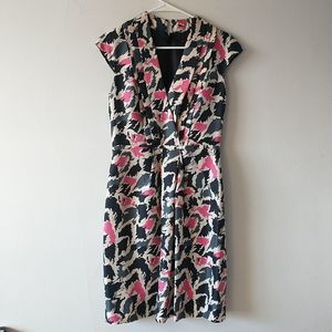 BOSS Hugo BOSS Sheath Dress 4 100%Silk Abstract Print Faux Wrap Cap Sleev V Neck